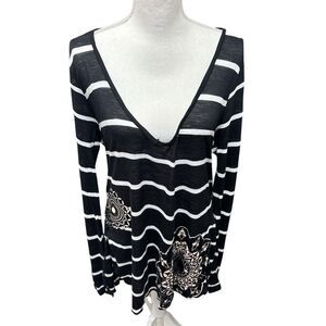 Desigual Women's Black Striped Tunic Top with Velvet Applique Size XXL